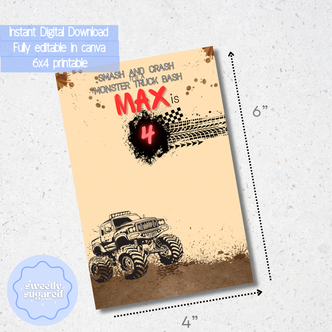 DIGITAL- Monster Truck cookie card- Editable